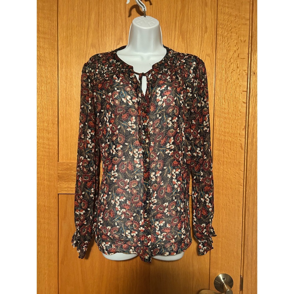 DB Established 1962 Floral Metallic Chiffon Blouse Tie Neck Smocked Top Sz Large